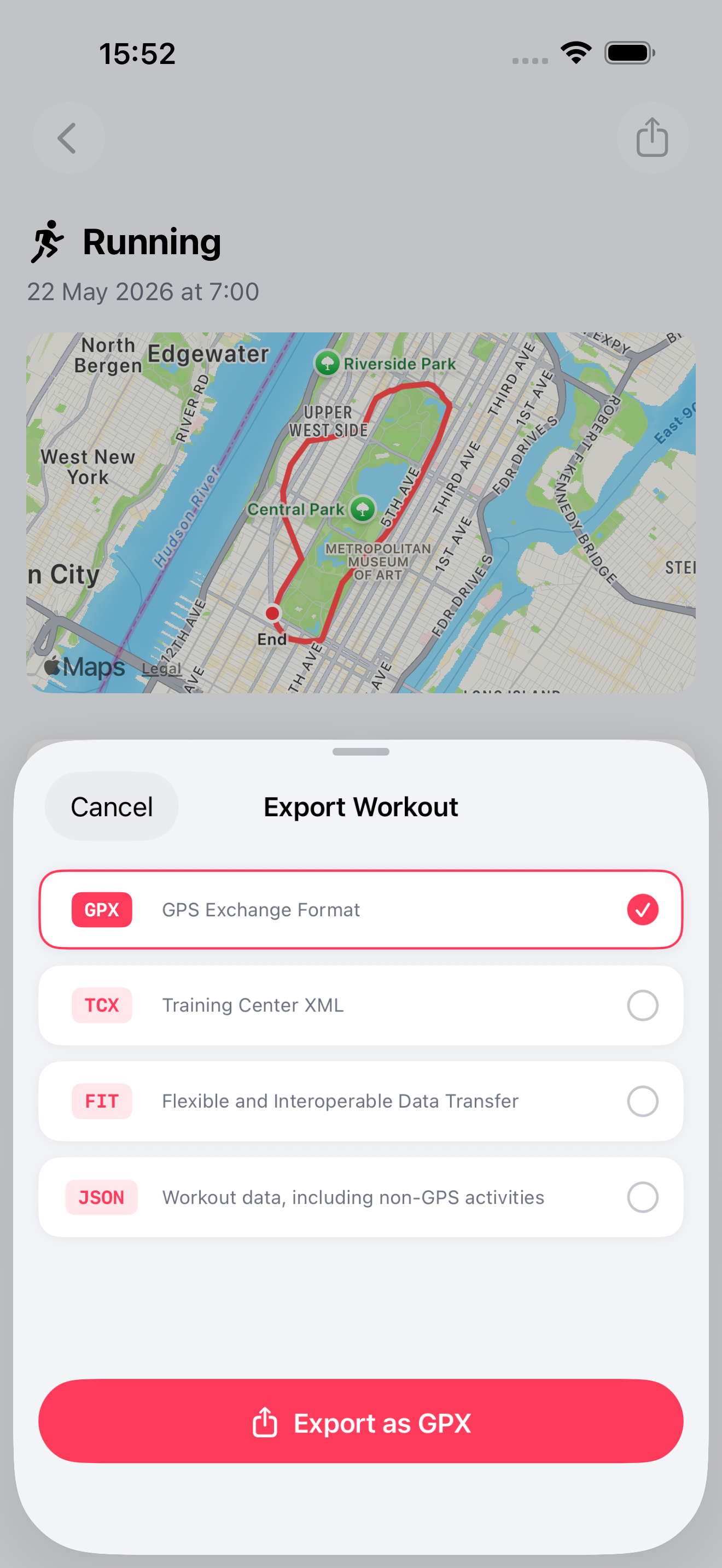 Workout export format picker